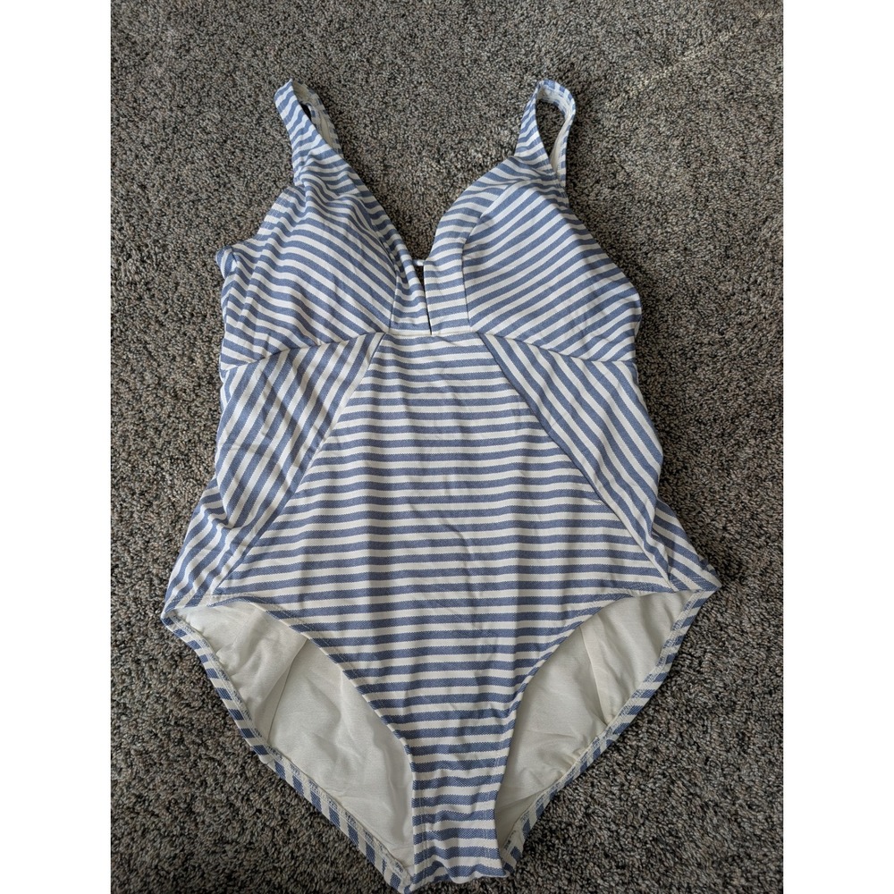 Time and Tru Blue White Striped One Piece Swimsuit V-Neck Keyhole Large 12-14